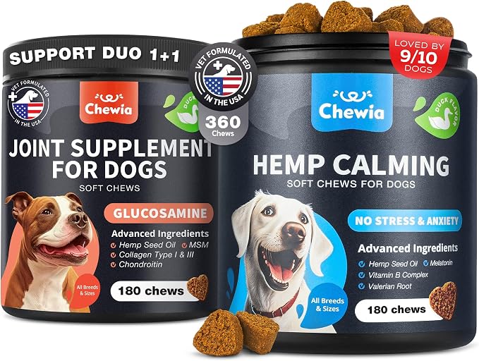 Calming & Hip Joint Support Chews for Dogs – Glucosamine Bundle for Senior & Active Dogs, Helps Maintain Calm Demeanor, Hip & Joint Comfort