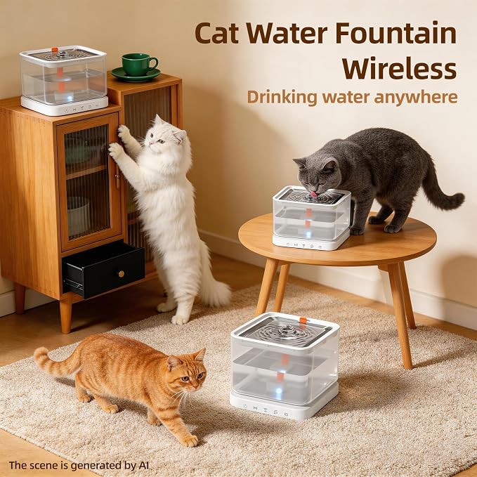 Wireless Cat Water Fountain,3L/101oz Cat Water Fountain for Cats Indoor,4000mAh Battery Operated Pet Water Fountain,Cat Fountain with Stainless Steel Tray,BPA-Free(P08F)
