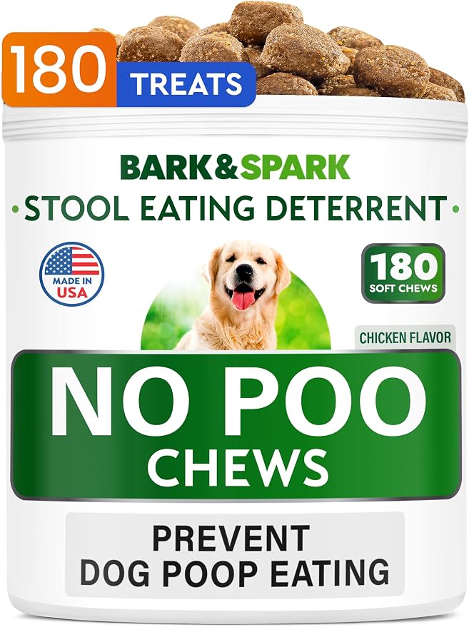 BARK&SPARK NO Poo Treats - Prevent Dog Poop Eating - Coprophagia Treatment - Stool Eating Deterrent - Probiotics & Enzymes - Digestive Health + Breath Aid - Made in USA - 180 Chews