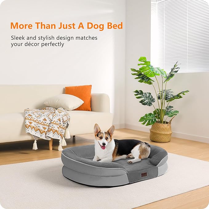 Dwanton Orthopedic Dog Bed for Medium Dogs with Gel Memory Foam, Waterproof Dog Sofa, Washable Pet Bed with Four Sided Bolster Cushion, Removable Cover & Non-Slip Bottom, 36", Medium Grey