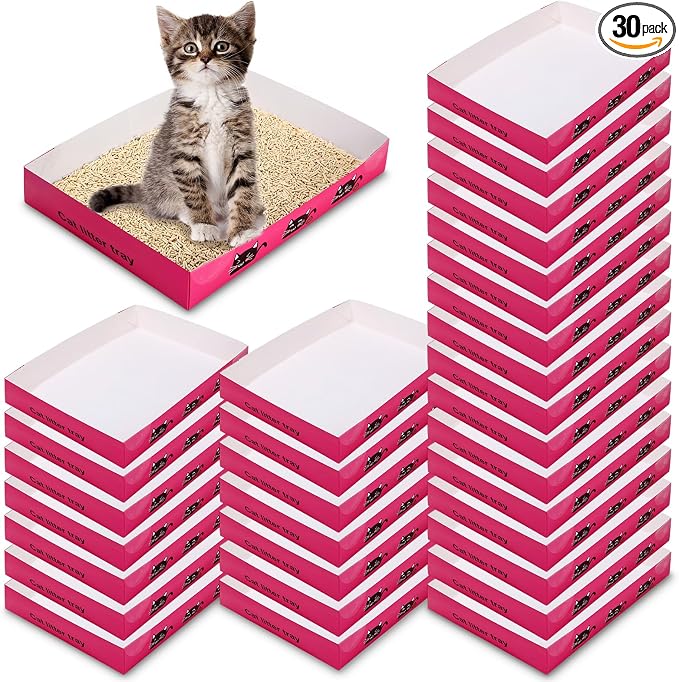 Amyhill 30 Pack Disposable Cat Litter Box 13.8x10x2in Foldable Paper Kitty Trays Bulk Portable Water Proof Cardboard Boxes for Cats Rabbits Guinea Pig Hamster Pets Travel Indoor Supplies(Rose Red)