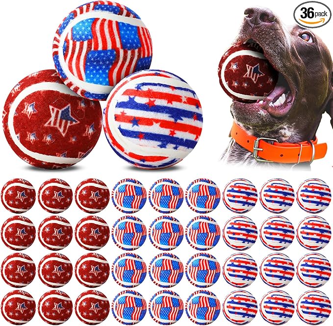 Libima 36 Pcs Dog Tennis Balls 2.5 Inches Toy Ball for Small Medium Large Dogs Durable Teething Chew Toys for Aggressive Dogs Exercise Training Catching, 3 Styles (4th of July)