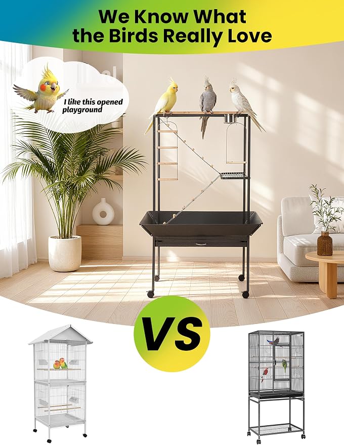 Garvee 64'' H Inch Birdcage Stand Play Center with Perches and Ladders, Indoor Outdoor Playground for Birds, Bird Playstand w/Rotated Ring Removable Tray, Lockable Caster, for Macaw and Parakeet