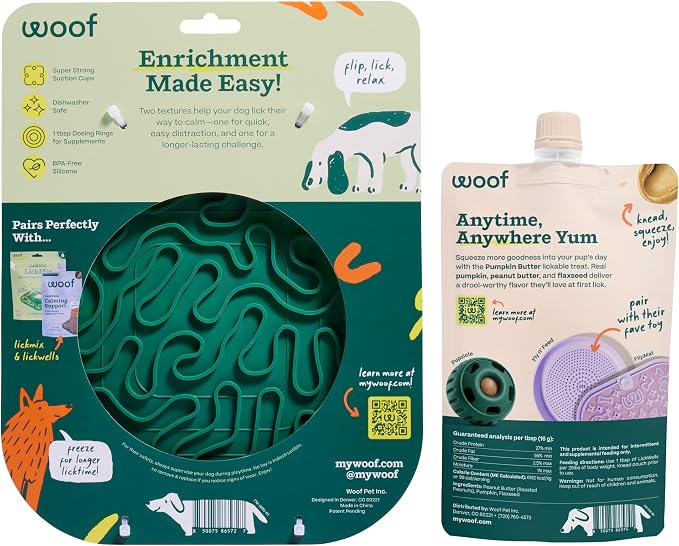 WOOF FlipMat Easy-to-Clean Lick Mat for Dogs + LickWells Pumpkin Butter - Dog Lick Mat Spread and Meal Topper for the FlipMat and LickMat