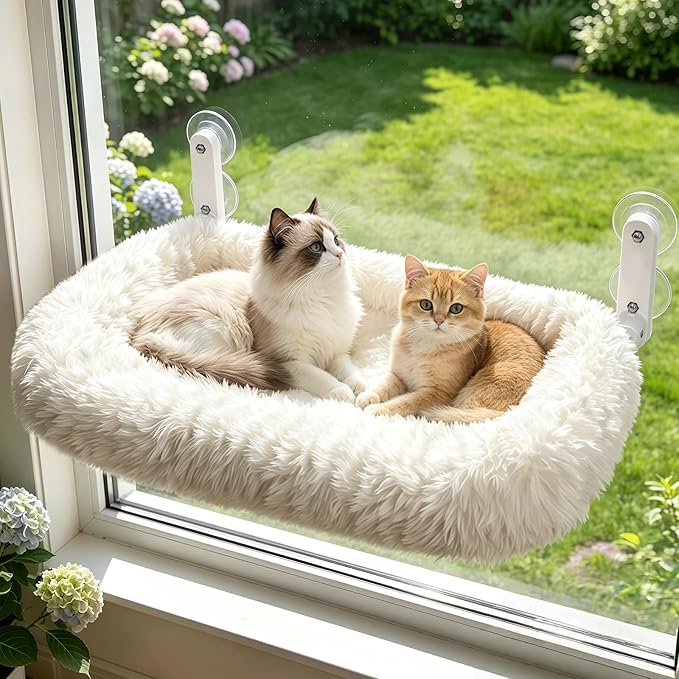 Zoratoo Cloud-Snuggle Cat Window Perch with 4-Sided Ultra-Thick & Fluffy Plush Cushion Bed, Foldable Cordless Cat Window Hammock for Window with Sturdy Metal Frame for Large Cats and Kittens (L,White)
