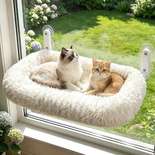 Zoratoo Cloud-Snuggle Cat Window Perch with 4-Sided Ultra-Thick & Fluffy Plush Cushion Bed, Foldable Cordless Cat Window Hammock for Window with Sturdy Metal Frame for Large Cats and Kittens (L,White)