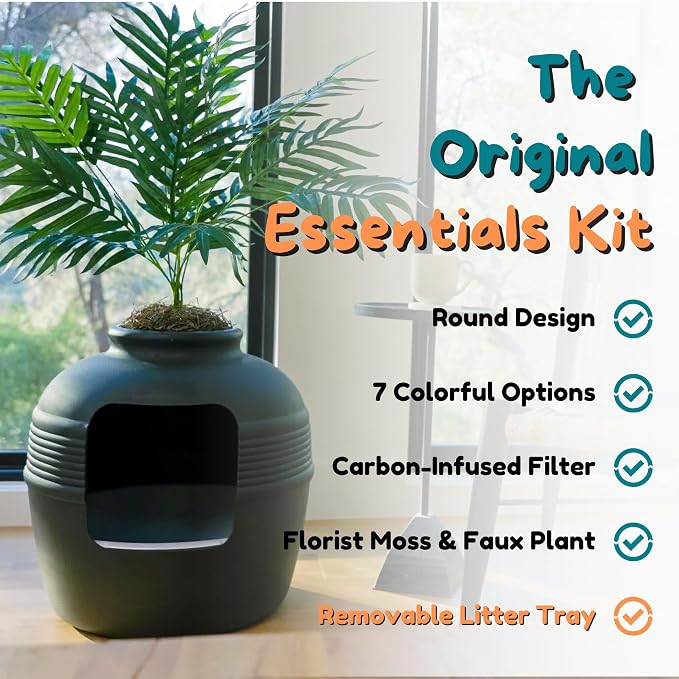 Good Pet Stuff Original Hidden Litter Box Planter, Decorative Cat Litter Enclosure, Carbon Filter, Faux Plant, Easy to Clean, Round Design, Removable Tray, Essentials Kit, Palm Plant, Charcoal Black