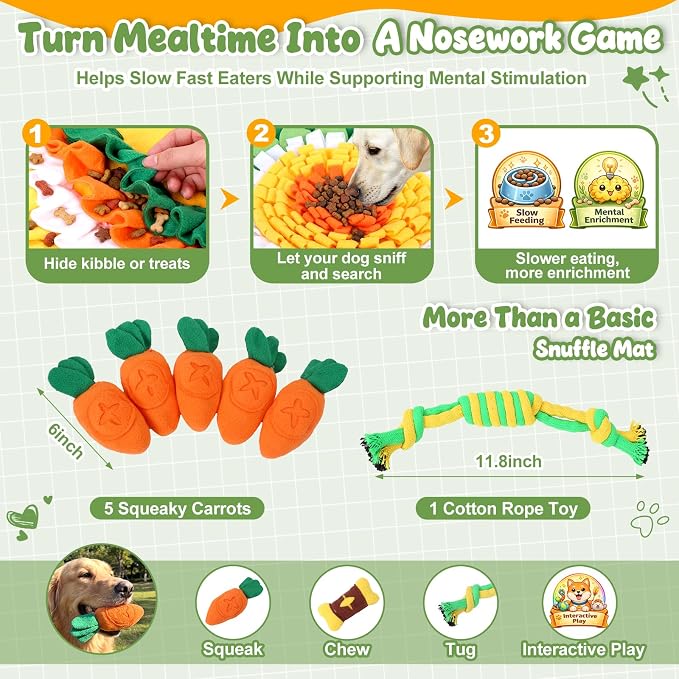 Hsei Large Snuffle Mat for Dogs Set 40'' x 30'' Colorful Nosework Feeding Mat with 5 Squeaky Carrots Cotton and 1 Cotton Rope Toy Interactive Foraging Puzzle for Stress Relief Slow Feeding