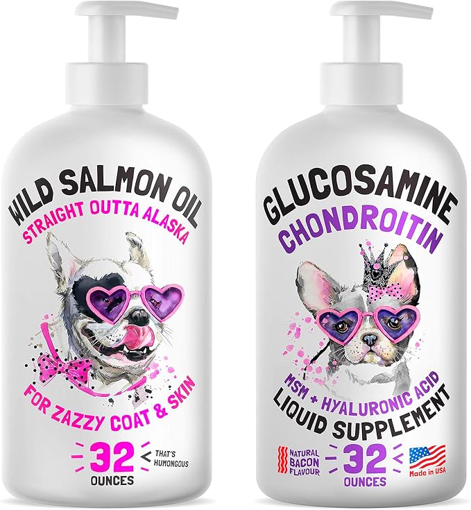 Wild Alaskan Salmon Oil for Dogs & Cats 32 oz and Liquid Glucosamine for Dogs Bacon Flavour with Chondroitin, MSM & Hyaluronic 32 oz