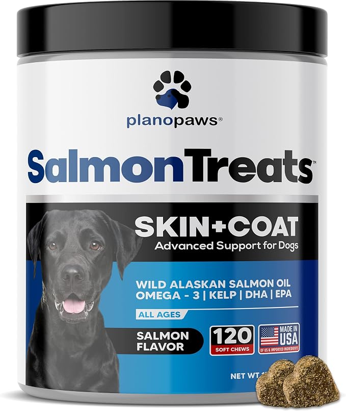 Plano Paws Wild Alaskan Salmon Oil for Dogs - Omega 3 Chews for Skin Coat Shedding Itch Relief - Supports Heart Mobility Cognition - 120 Soft Chews