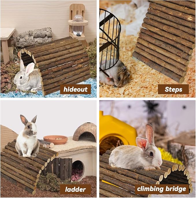 Large Wooden Rabbit Bridge Ladder,19.68 x 11.81 inches Flexible Bunny Tunnel Hideout House Hamster Natural Chew Toy Small Animal Climbing Ramp for Guinea Pig Chinchilla Rabbit Ferret Hedgehog