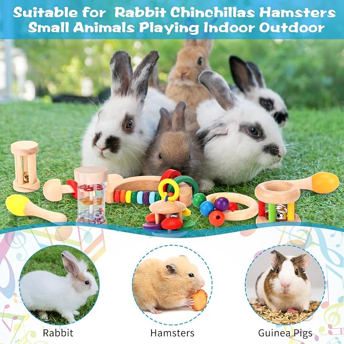 Halloscume 9 Pcs Wooden Bunny Toys, Rabbit Toys for Bunnies Boredom, Safe Rabbit Toy, Multi Colored Teeth Grinding Toy for Chinchillas Hamsters Small Animals Playing Indoor Outdoor Bunny Gifts