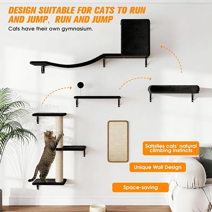 COZIWOW 5-Piece Cat Tree Set with Wall Mounted Cat Shelves, Cat Scratching Post & Cat Wall Furniture, Multi-Functional Indoor Cat Jungle Gym, Essential for Cat Room, Suitable for Large Cats (Black)