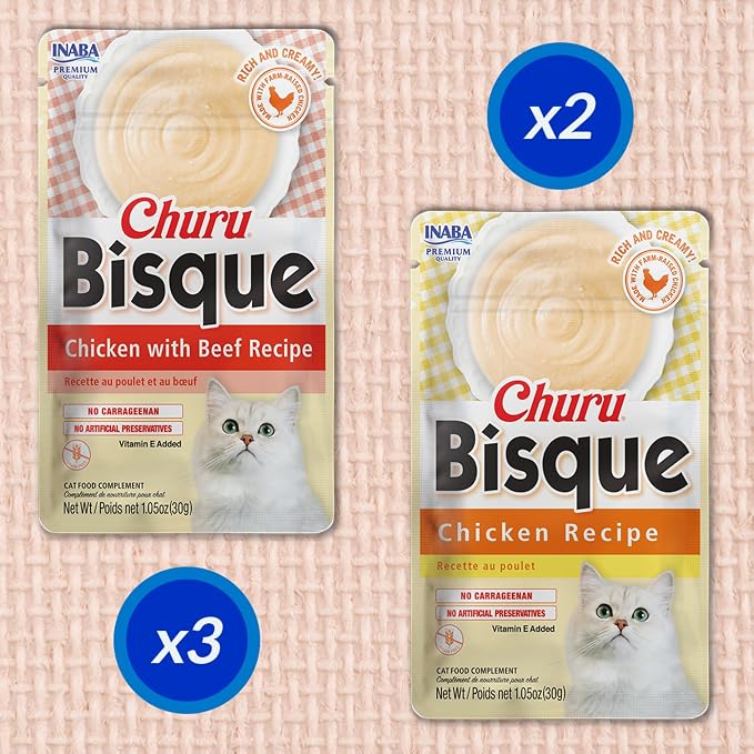 INABA Churu Bisque for Cats, Creamy Purée Side Dish Pouch, 1.05 oz Pouches, 15 Pouches Total, Chicken Variety