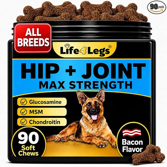 Joint Supplement for Dogs 500mg Glucosamine + 500mg MSM, Eggshell Membrane - Daily Hip and Joint Chews with Chondroitin, Green Lipped Mussel, Bacon Flavor, Non-GMO, 90ct