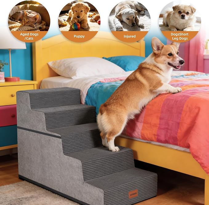 Dog Stairs for Large Dog, 22.5" H, 5-Step Pet Steps for High Bed Couch Sofa and Chair, Non-Slip Pet Ramp for Injured & Senior Pets with Washable Cover and Durable High Density Foam, Grey