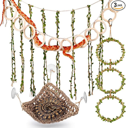 Nuogo 3 Pcs Snake Climbing Vines Climbing Rings Woven Hammock Reptile Enrichment Accessories Reptile Tank Cage Decor Habitat Accessories for Corn Snakes, Bearded Dragon, Chameleon, Lizard
