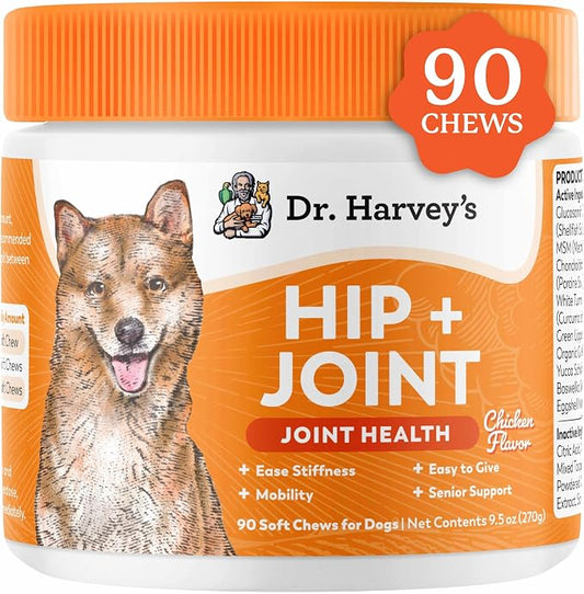 Dr. Harvey's Hip & Joint Soft Chews for Dogs, Daily Mobility Supplement Chewable Bites for Dogs with Glucosamine, Chondroitin & MSM, Green Lipped Mussel, Chicken Flavor (90 Chews)