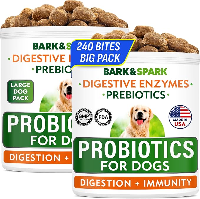 BARK&SPARK Dog Probiotics & Digestive Enzymes (Gut Health) Allergy & Itchy Skin - Pet Diarrhea Gas Treatment Upset Stomach Relief, Digestion Health Prebiotic Supplement Large Dog Treats (240Ct Bacon)
