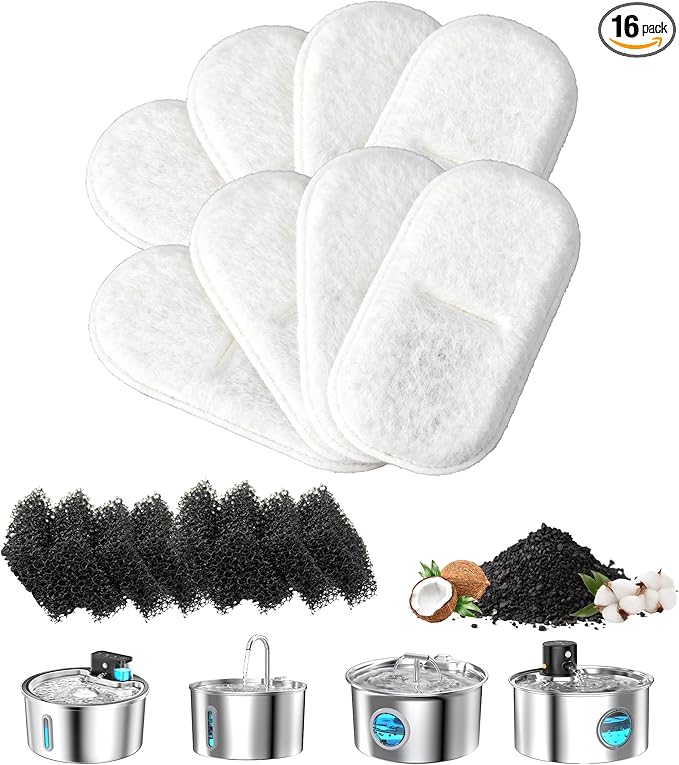 Cat Water Fountain Filter Replacement: 8 Carbon Filters & 8 Foam Sponges Kitty Spout Pump Filters for 108Oz/3.2L & 67Oz/2L Stainless Steel Pet Water Dispenser Cat Dog