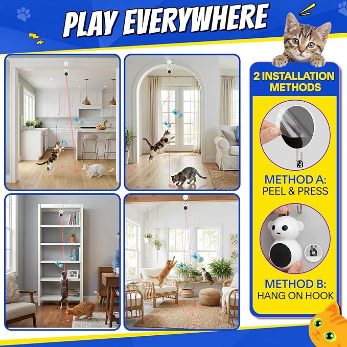 Interactive Cat Toys for Indoor Cats - 2 in 1 Automatic Cat Toy with Flying Bird，Smart Moving Wand Toy with 2 Modes, Doorway Hanging Toys Safe for Bored Kitten & Adult Cats