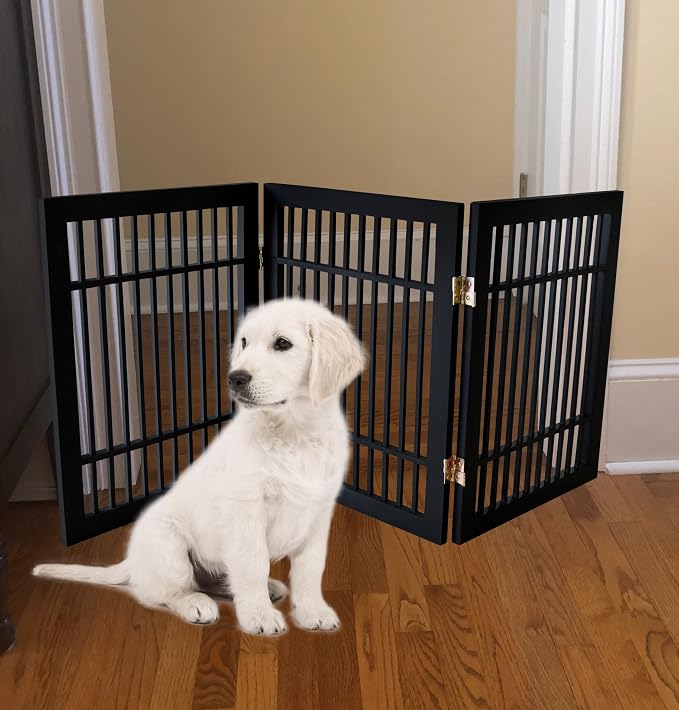 Urnporium Freestanding Wooden Dog Gate – Folding Acacia Hardwood Pet Barrier with 2-Way Hinges, Portable Indoor Outdoor Puppy Safety Fence for Doorways, Hallways (Black Pet Gate, 3 Panel 24" Tall)