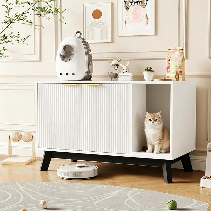 Garvee Cat Litter Box Enclosure, 39" Litter Box Enclosure Furniture Hidden Litter Box with Cat Litter Mat and Ventilated Holes, Modern Indoor Cat House, Side End Table for Living Room, White