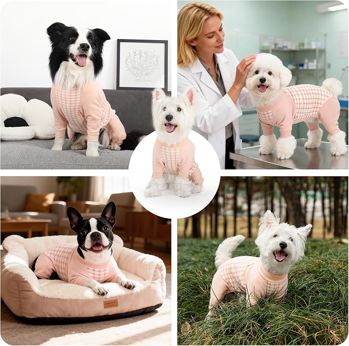 Dog Recovery Suit After Spay-Prevents Lick & Shed (Pink,M) | Soft, Breathable cotton onesie protects abdominal surgical areas by preventing licking,scratching,and shedding