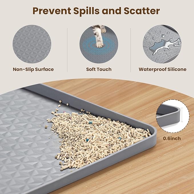 Silicone Cat Litter Mat, XXL 51''×25.6'' Litter Box Mat, Waterproof Floor Mat for Pets, Litter Trapping, Easy to Clean, Soft on Paws (Dark Grey)