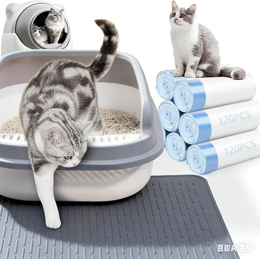 120 Pack Cat Litter Bags & Silicone Cat Litter Mat