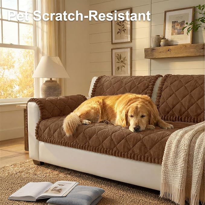 Smiry Couch Cover for Dogs, Non Slip Washable Pet Sofa Protector for Large Dogs, Cats, Fuzzy Plush Sofa Covers for 2 Cushion Couch, Against Fur, Dirt & Scratch Resistant, Brown, 27.6"×47"