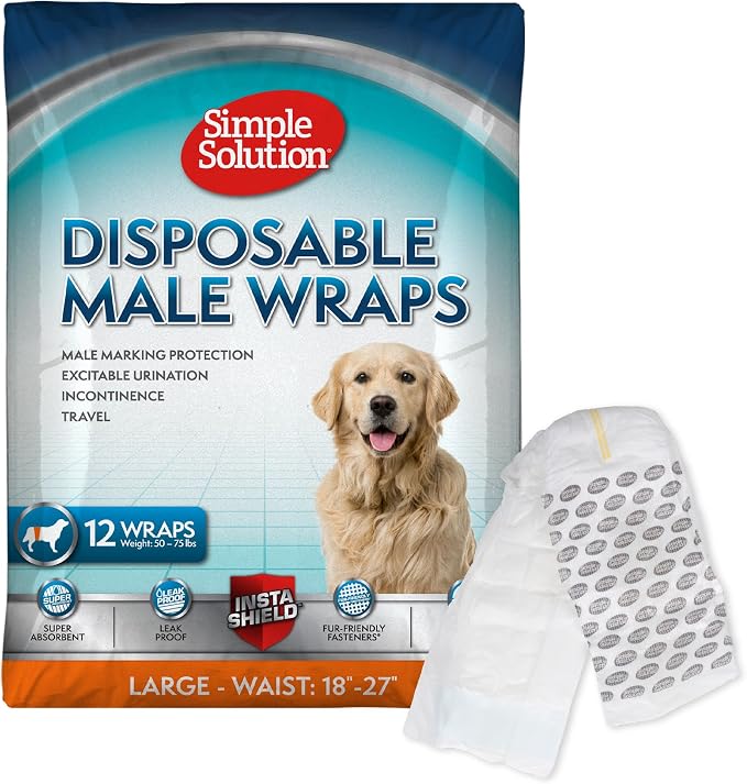 Simple Solution Disposable Dog Diapers, Wraps for Male Dogs, Puppy Diaper, Potty Training, Puppy Essential, Absorbent, Wetness Indicator, For Large Pets, 18 – 27 Inch Waist (L,12 Count)