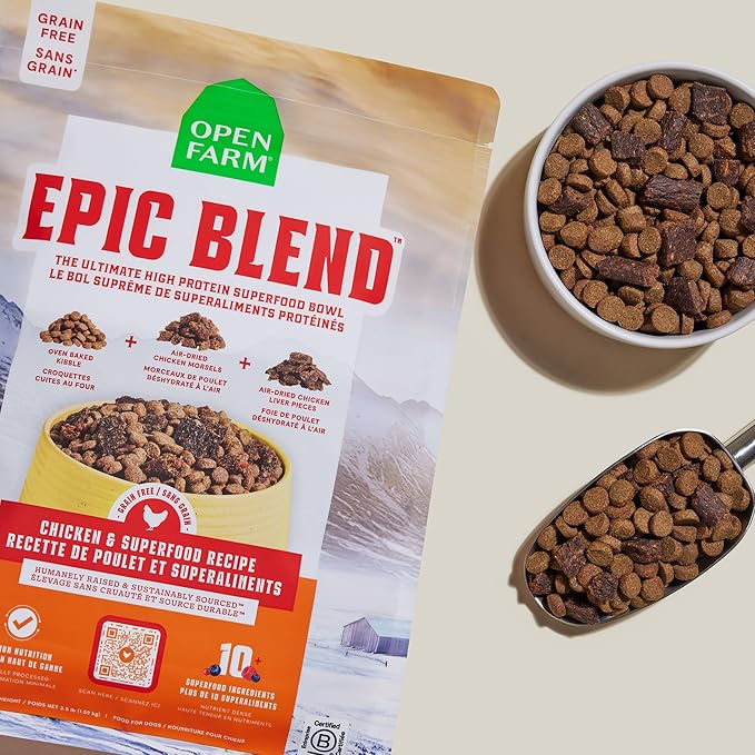 Open Farm, Epic Blend Grain Free High Protein Dry Dog Food, Probiotic Coated & Bone Broth Infused Kibble with Air Dried Meat & Organs, Chicken & Superfood Recipe, 3.5lb Bag