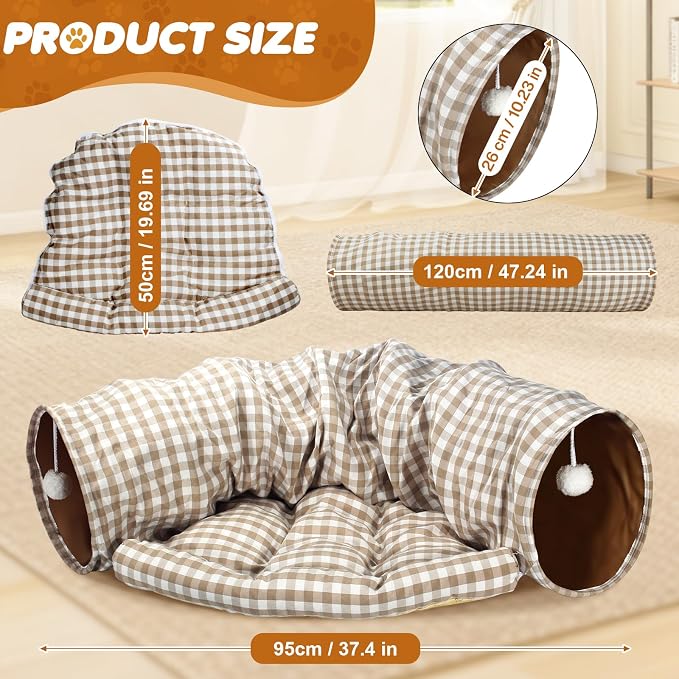 Spardar Bunny Tunnel Bed, 2-in-1 Collapsible Tunnel Tubes Toys, Washable, with Removable Mat Hideout, Interactive Toys for Rabbits Chinchilla Hedgehog Guinea Pigs Kitty, Checkered