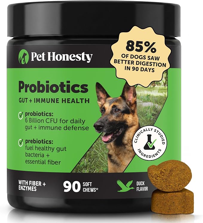 6 Billion CFU Dog Probiotics with Prebiotics, Digestive Enzymes, & Fiber - Relief for Occasional Diarrhea, Gas, Bloating & Itchy Skin - Daily Gut Health & Immune Support for All Dogs (Duck, 90 Ct)