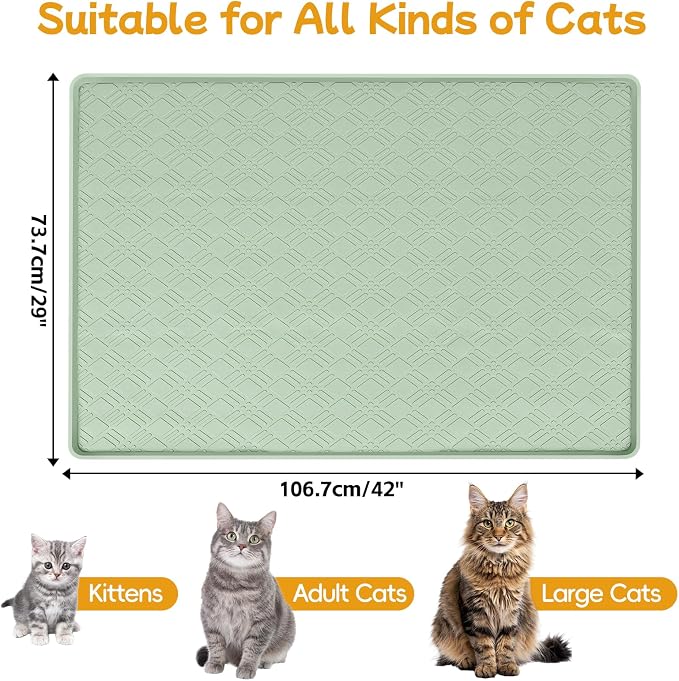 Cat Food Mat, 42" x 29" Large Silicone Mat Cat Feeding Mat with Raised Edge Non-Slip Pet Feeding Mat for Food and Water Bowl, Easy to Clean, Floor Protection (Light Green)