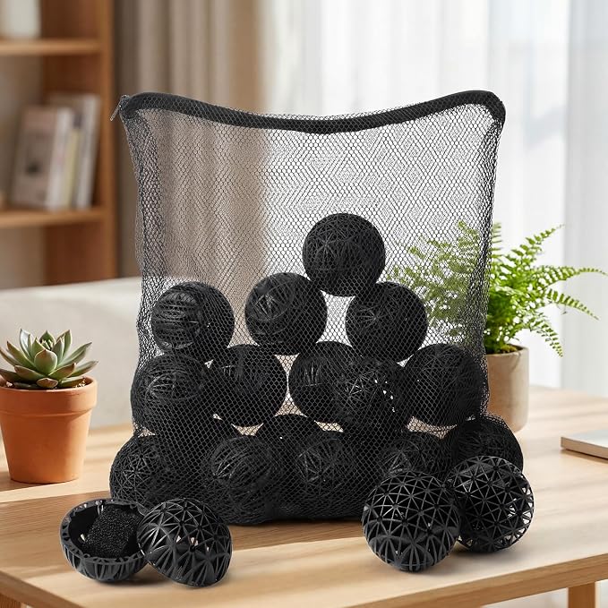VIHOSE 20 Count 3 Inch Black Large Bio Balls Media Filter Durable Fish Pond Filter Media with Sponge Biological Filtration Mediums for Pond Aquarium Fish Tanks Filters with 12" x 16" Mesh Bag