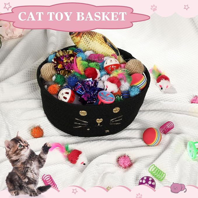 Zopeal 58 Pcs Summer Graduation Cat Storage Basket Gift Toys Set, Colorful Flashing Balls Pet Bell Crinkle Balls Spring Toys Attract Cat to Swat, Hunt, Interactive for Pet(Black,9.8 Inch)
