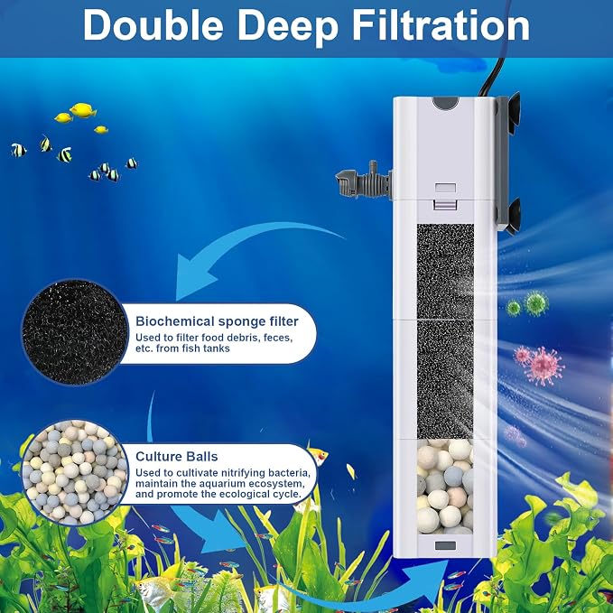 320 GPH 4-in-1 aquarium filter, 60-100 gallon fish tank filters Filtration and Oxygenation, filter for fish tank with biochemical cotton, ceramic beads, Multi-functional turtle tank filter(20 W)