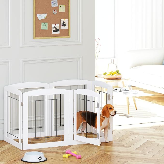 PAWLAND 6 Panels Dog Gate Indoor with Walk Through Door, Foldable FreeStanding Pet Gate for Doorways, Stairs, the Houes, Pet Puppy Safety Fence, 120 in Extra Wide, Support Feet Included, White