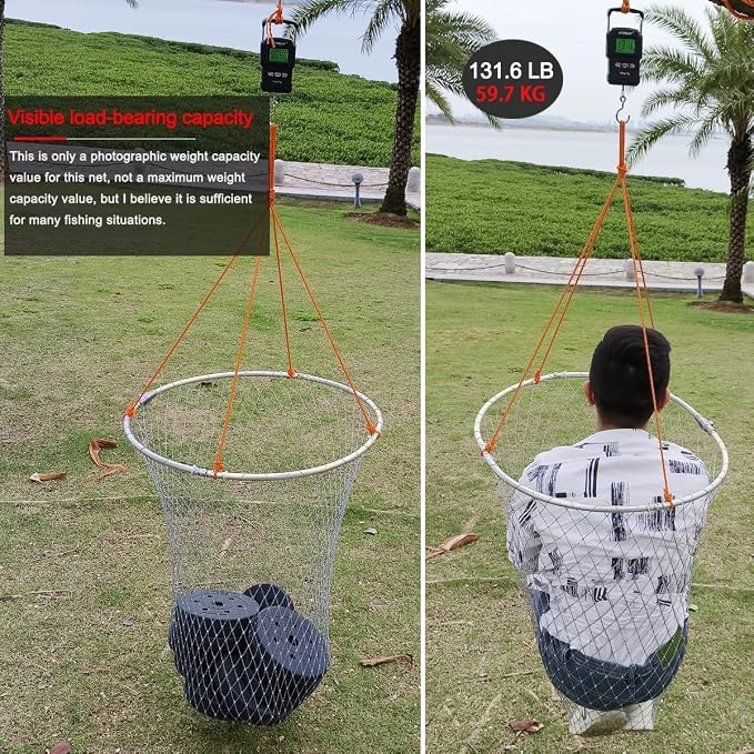 Drasry Large Collapsible Bridge Pier Fishing Net Landing Net with Rod, High Load Aluminum Ring Drop Net for Saltwater and Freshwater Pier Fishing Basket with 49.2 ft. Rope