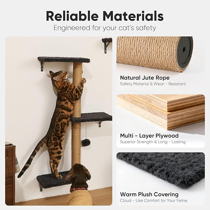 FUKUMARU Cat Wall Shelves, Stable & Safe 4 in 1 Cat Walls Furniture Set, Wooden Kitten Climbing Wall with Scratching Post for 16 Inch Drywall - Gray