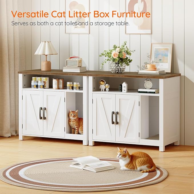 HOOBRO Cat Litter Box Enclosure, Farmhouse Hidden Litter Box with Scratch Pad, Litter Box Furniture with Storage Layer, End Side Table,White and Walnut, WH24MW01