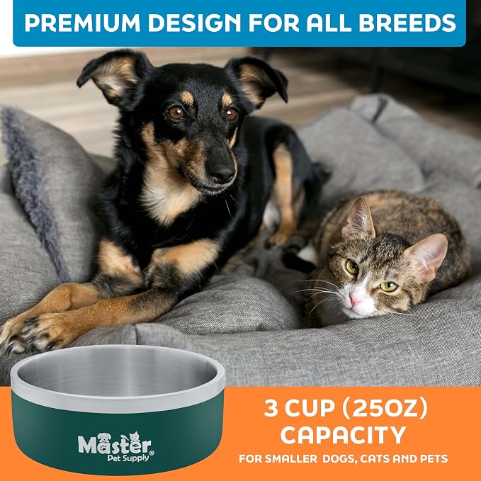Master Pet Supply Stainless Steel Dog Bowls - 25 oz, Heavy Duty - Emerald Sea, Double Wall Extra-Thick Insulated, Non-Slip Pet Water Bowl for Dogs, Cats & Pets, Anti Rust Metal, Dish Washer Safe