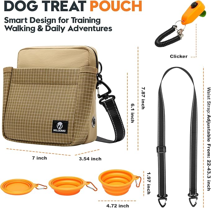 Dog Training Treat Pouch, Magnetic Fanny Pack for Walking, Crossbody Dog Walking Bag with Poop Bag Dispenser, Clicker & Collapsible Bowl - Khaki