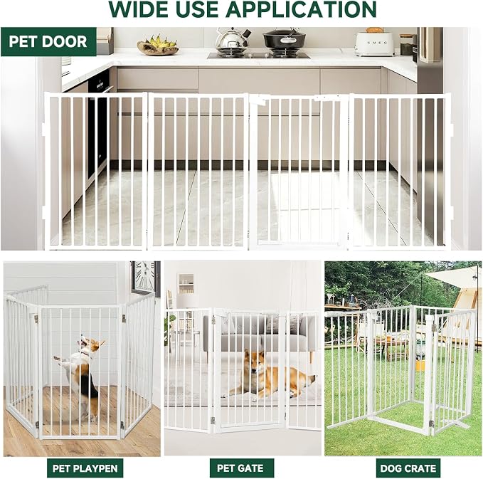 Snagle Paw Metal Freestanding Dog Gate with Door,80” W x 36” H Dog Fence with Support Feet for Doorways, Stairs and Hallways, Portable Pet Gate for Indoor Use (4 Panel, White)