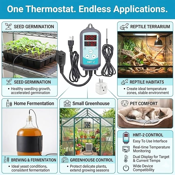 Temperature Controller Plug in Thermostat for Heat Mat & Reptile, 1500W Digital Thermostat Outlet with Probe, Heating & Cooling, Power-Off Memory, 3-Outlet for Multiple Devices