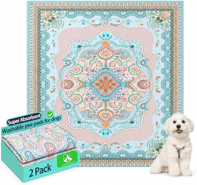 Aitmexcn Washable Pee Pads for Dogs, Reusable 24’’x 48’’ Waterproof Boho Mats for Puppy, Guinea Pig, Rabbit,Highly Absorbent,Ultra Soft, Non-Slip,Machine Washable,Stylish Design,2 Pack