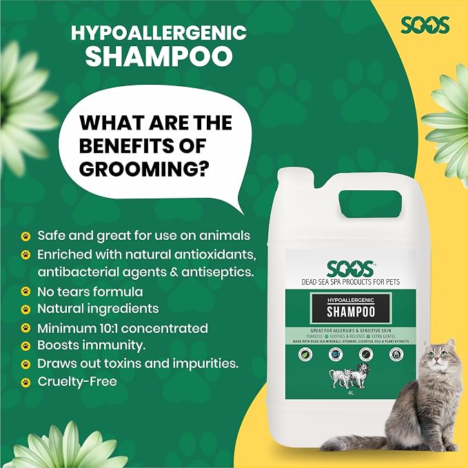 Soos Pet Hypoallergenic Shampoo for Dogs and Cats Made with Natural Dead Sea Minerals Fast Absorbing with Vitamins Essential Oils Natural Ingredients - 1x (4L Gallon)