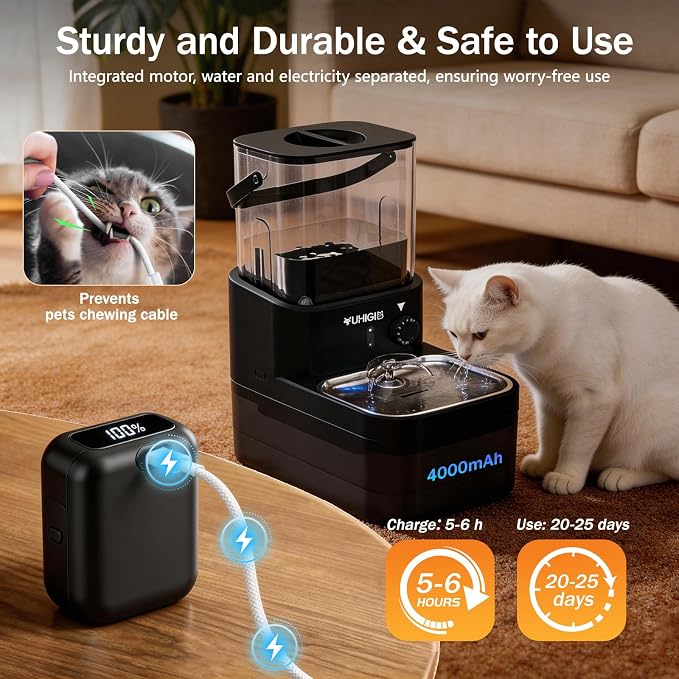 Wireless Cat Water Fountain, Wastewater Separation No Filter Cotton 3L Automatic Cat Water Dispenser Ultra Quiet Stainless Steel Pet Water Fountain for Cats Small Dogs Multiple Pets Indoor